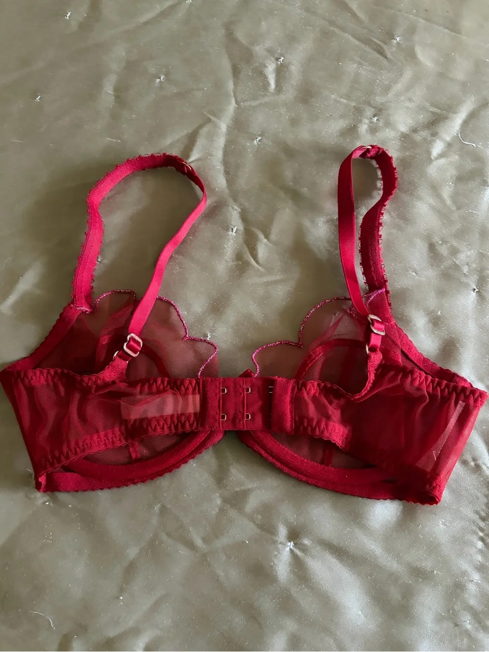 Agent Provocateur ❤️ Sheer Red sparkle Pink 💖 Scalloped Underwire Bra 32 DD / 32